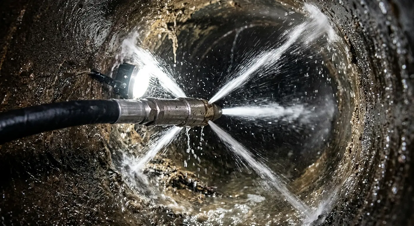 High-pressure hydro jetting nozzle cleaning sewer pipe for Sewer Cleanout in Farmington Hills