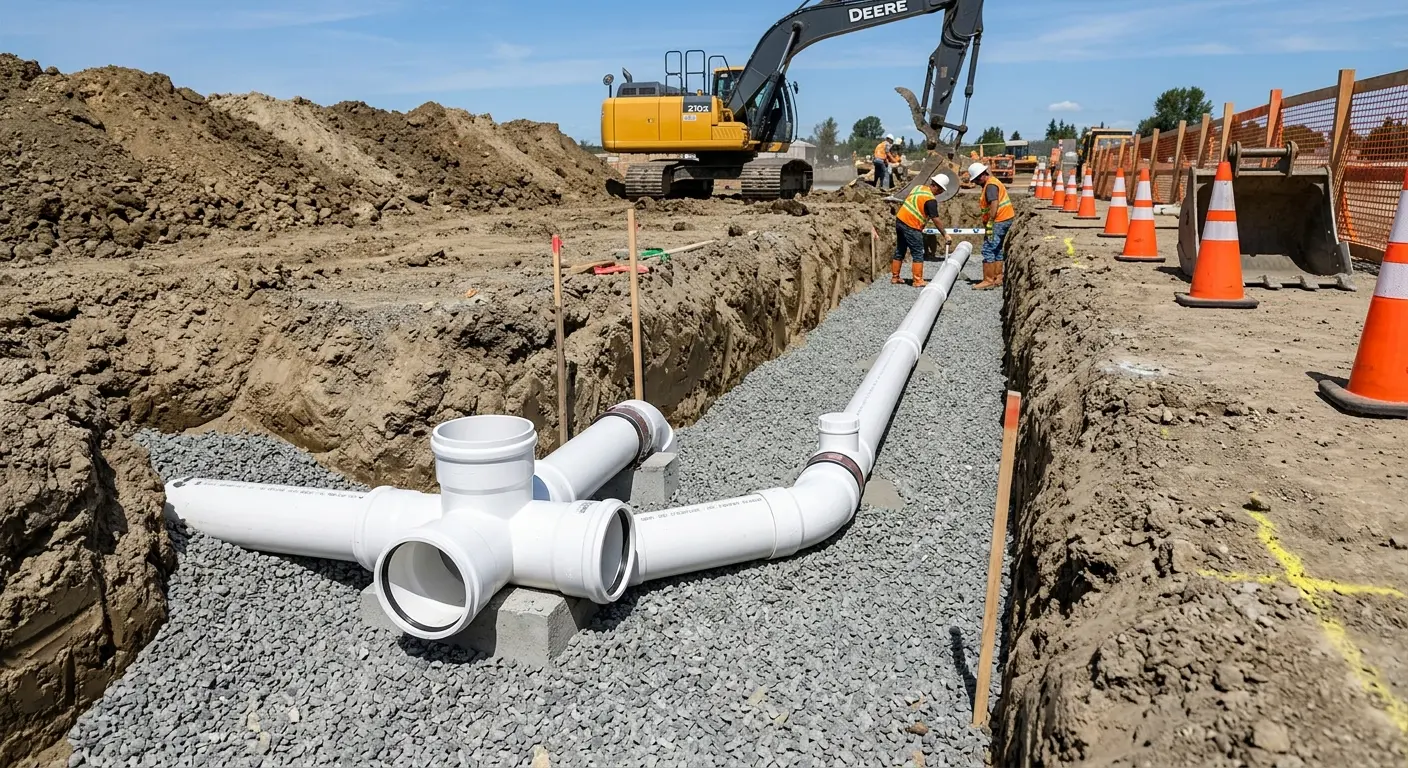 New PVC sewer pipe installation in open trench for Commercial Drain Cleaning in Farmington Hills