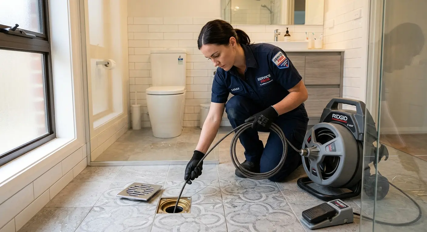 Technician clearing a bathroom floor drain for Clogged Drain Repair in Farmington Hills